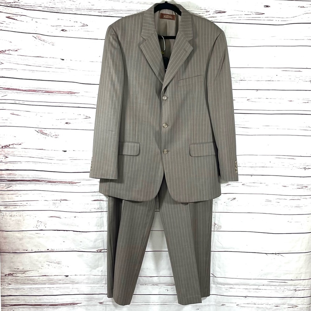 Tasso Elba 2PC Suit Mens Brown Pinstripes 100% Wool Size 40R 36W